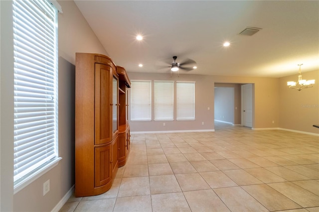 3651 NW 56th Ave, Ocala, FL 34482 - unfurnished living room featuring ceiling fan, light tile patterned floors, a chandelier, recessed lighting, and baseboards