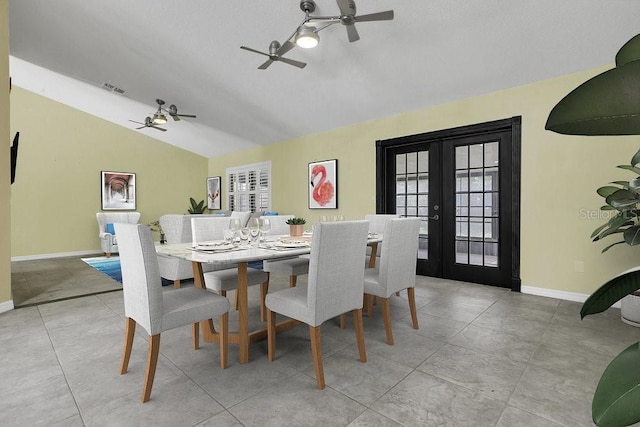 9319 Woodbreeze Blvd, Windermere, FL 34786 - dining space with lofted ceiling, french doors, baseboards, a ceiling fan, and light tile patterned flooring