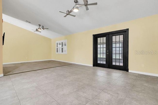 9319 Woodbreeze Blvd, Windermere, FL 34786 - empty room with french doors, vaulted ceiling, baseboards, and ceiling fan