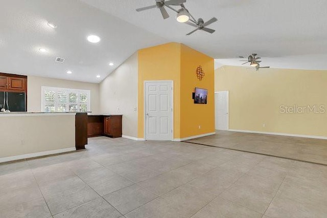 9319 Woodbreeze Blvd, Windermere, FL 34786 - unfurnished living room featuring a ceiling fan, lofted ceiling, baseboards, and recessed lighting