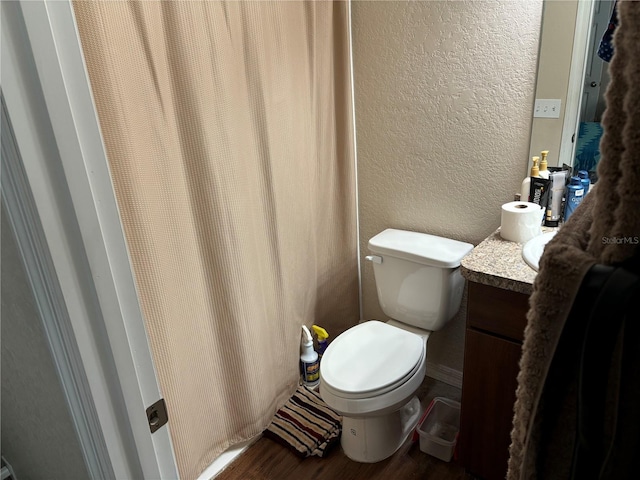 7047 SW 131st Loop, Ocala, FL 34473 - full bathroom with vanity, a textured wall, wood finished floors, toilet, and curtained shower
