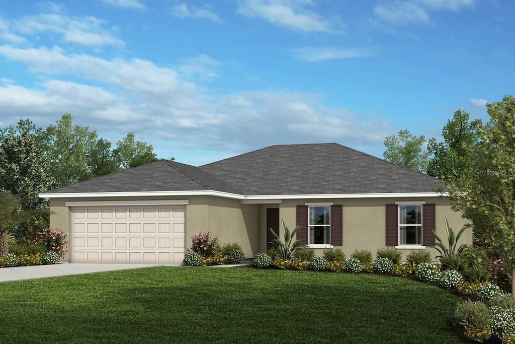 17414 Gulf Preserve Dr, Fort Myers, FL 33908 - single story home with a garage, a front yard, stucco siding, driveway, and a shingled roof