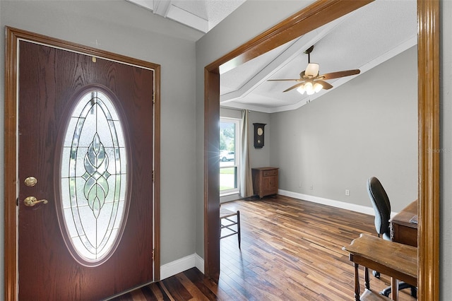 526 Sabal Trail Cir, Longwood, FL 32779 - foyer entrance with hardwood / wood-style flooring, ceiling fan, and vaulted ceiling