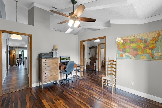 526 Sabal Trail Cir, Longwood, FL 32779 - office area featuring wood finished floors, ceiling fan, lofted ceiling, and a textured ceiling