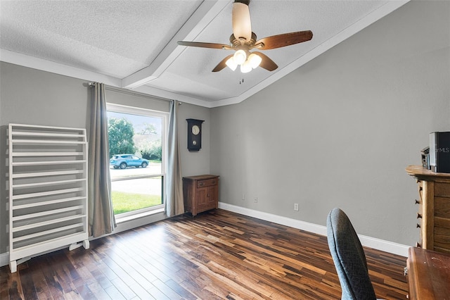 526 Sabal Trail Cir, Longwood, FL 32779 - unfurnished office with radiator heating unit, a ceiling fan, lofted ceiling, wood-type flooring, and a textured ceiling