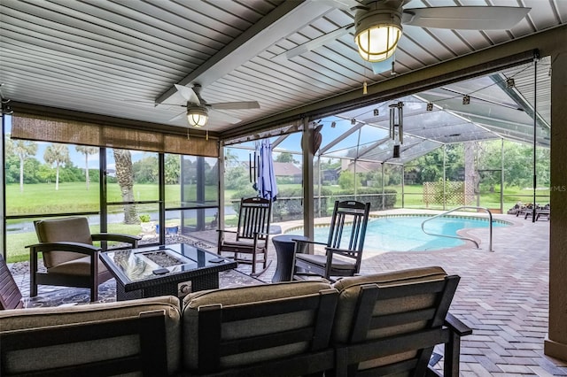 526 Sabal Trail Cir, Longwood, FL 32779 - swimming pool with ceiling fan, a patio, and an outdoor hangout area