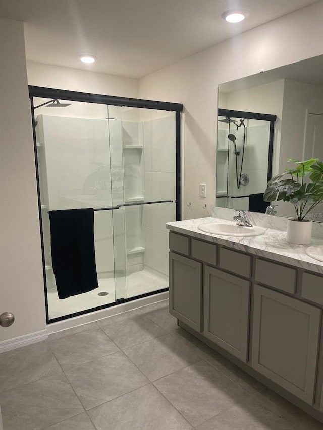 7172 SW 135th Pl, Ocala, FL 34473 - full bath with a shower stall, vanity, tile patterned floors, and recessed lighting
