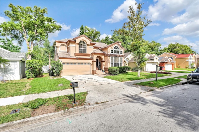 2971 Cayman Way, Orlando, FL 32812 - view of front of property with a front yard, driveway, a garage, stucco siding, and a residential view
