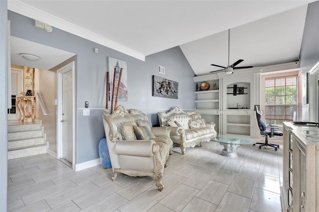 2971 Cayman Way, Orlando, FL 32812 - living room featuring stairs, a ceiling fan, lofted ceiling, baseboards, and ornamental molding