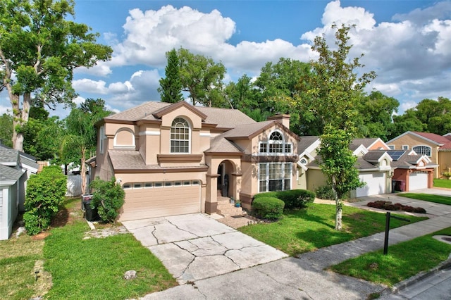 2971 Cayman Way, Orlando, FL 32812 - mediterranean / spanish home with stucco siding, concrete driveway, a front yard, a garage, and a chimney