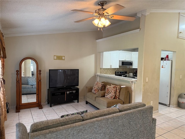 7104 Blue Earth Ct, Orlando, FL 32818 - living room featuring light tile patterned floors, ornamental molding, ceiling fan, and baseboards
