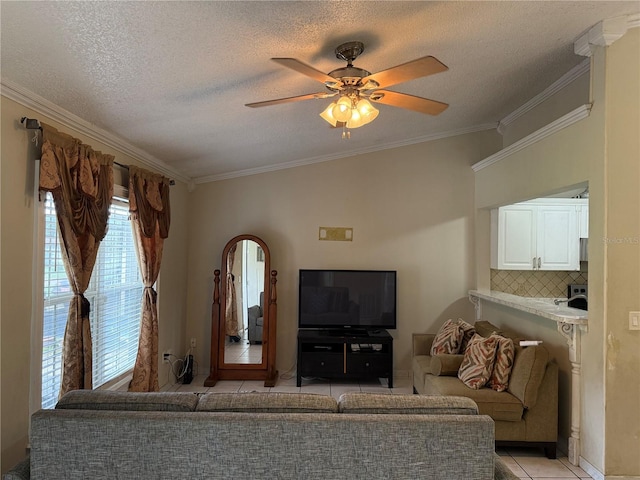 7104 Blue Earth Ct, Orlando, FL 32818 - living room featuring crown molding, light tile patterned floors, ceiling fan, and a textured ceiling