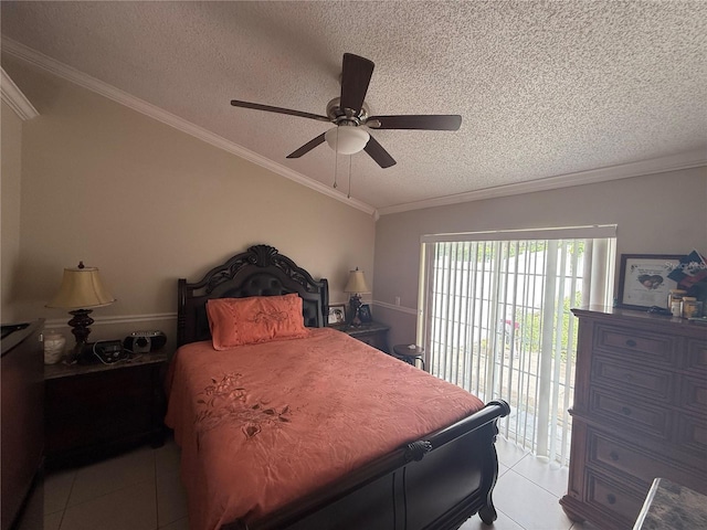 7104 Blue Earth Ct, Orlando, FL 32818 - bedroom featuring access to outside, light tile patterned floors, a textured ceiling, crown molding, and a ceiling fan