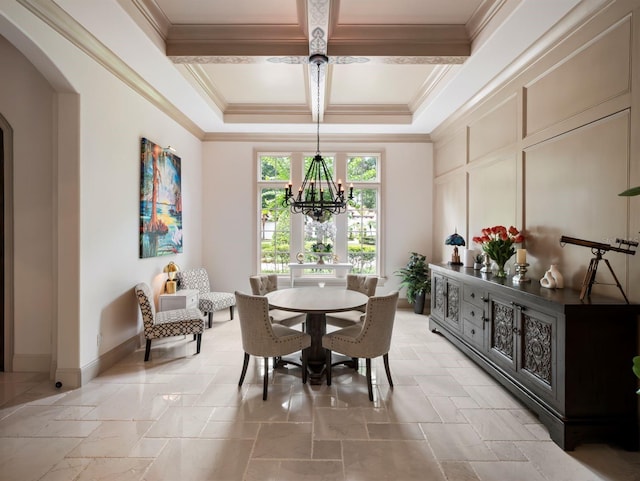11106 Coniston Way, Windermere, FL 34786 - dining space with a chandelier, coffered ceiling, arched walkways, stone tile floors, and crown molding