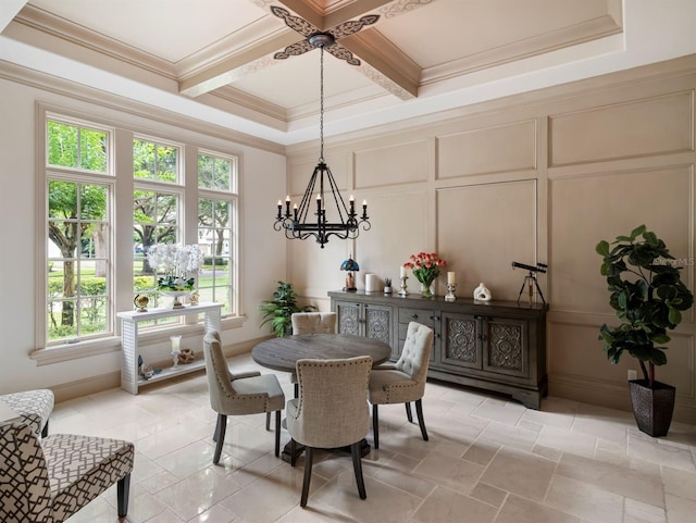 11106 Coniston Way, Windermere, FL 34786 - dining room with a decorative wall, a chandelier, coffered ceiling, beamed ceiling, and crown molding