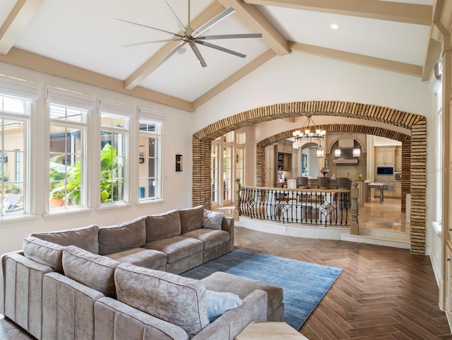 11106 Coniston Way, Windermere, FL 34786 - living area featuring arched walkways, a ceiling fan, recessed lighting, and a chandelier