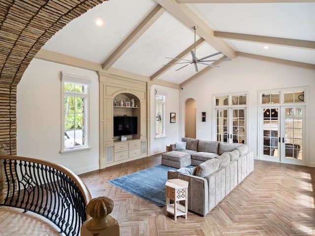 11106 Coniston Way, Windermere, FL 34786 - living area featuring french doors, baseboards, arched walkways, a ceiling fan, and beamed ceiling