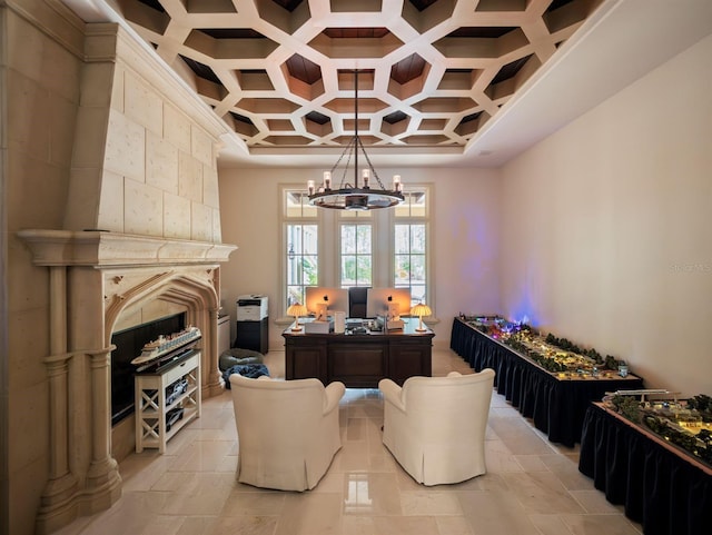 11106 Coniston Way, Windermere, FL 34786 - office area with coffered ceiling, a chandelier, and a fireplace