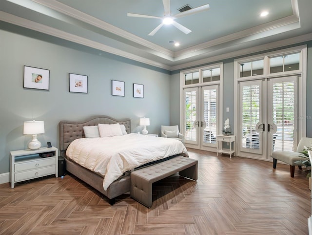 11106 Coniston Way, Windermere, FL 34786 - bedroom featuring french doors, a raised ceiling, access to exterior, crown molding, and baseboards