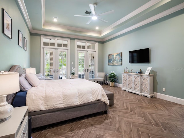 11106 Coniston Way, Windermere, FL 34786 - bedroom featuring french doors, a raised ceiling, access to exterior, baseboards, and crown molding
