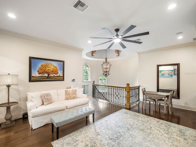 11106 Coniston Way, Windermere, FL 34786 - living room with crown molding, wood finished floors, recessed lighting, a ceiling fan, and baseboards
