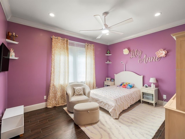 11106 Coniston Way, Windermere, FL 34786 - bedroom with crown molding, baseboards, wood finished floors, ceiling fan, and recessed lighting