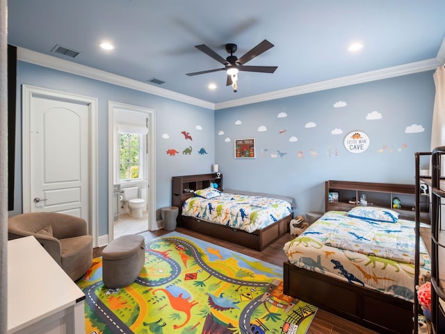 11106 Coniston Way, Windermere, FL 34786 - bedroom with ornamental molding, wood finished floors, connected bathroom, recessed lighting, and ceiling fan