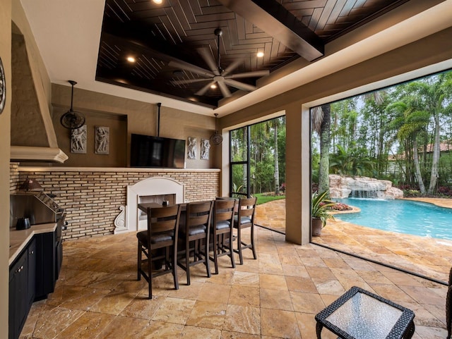 11106 Coniston Way, Windermere, FL 34786 - dining room featuring stone tile flooring, ceiling fan, and wooden ceiling with exposed beams