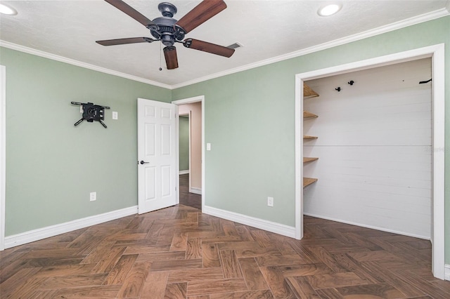 13 Scott Ln, Rockledge, FL 32955 - unfurnished bedroom with baseboards, crown molding, recessed lighting, ceiling fan, and a spacious closet