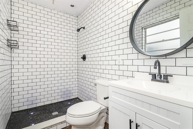 13 Scott Ln, Rockledge, FL 32955 - bathroom featuring tile walls, a shower stall, decorative backsplash, vanity, and toilet