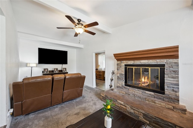 1649 W Waycross Cir, Deltona, FL 32725 - carpeted living area with beamed ceiling, a stone fireplace, ceiling fan, and baseboards