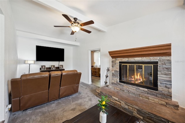 1649 W Waycross Cir, Deltona, FL 32725 - living room with beamed ceiling, carpet flooring, ceiling fan, a fireplace, and baseboards
