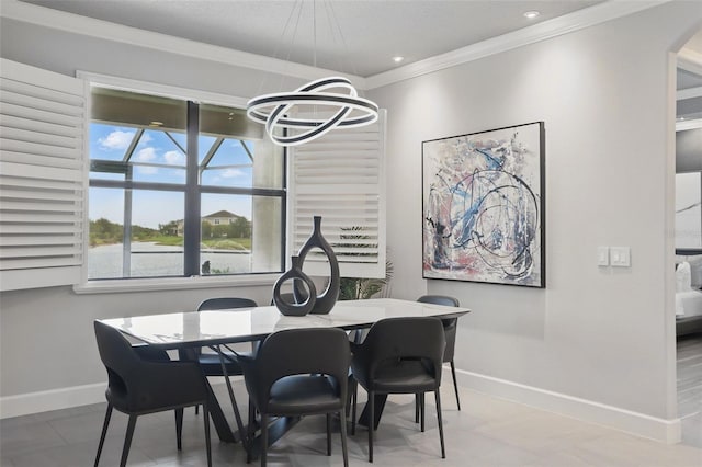 3222 Casterton Dr, Melbourne, FL 32940 - dining room with baseboards, ornamental molding, a chandelier, and recessed lighting