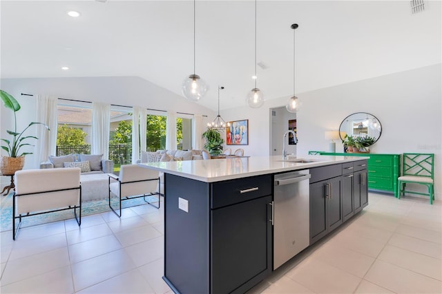 744 Curly Locks Loop, Apopka, FL 32703 - kitchen with stainless steel dishwasher, lofted ceiling, open floor plan, light countertops, and a kitchen island with sink