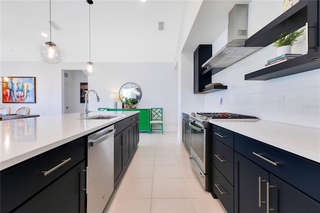 744 Curly Locks Loop, Apopka, FL 32703 - kitchen featuring open shelves, stainless steel appliances, wall chimney exhaust hood, light countertops, and tasteful backsplash