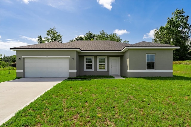 22 W Gulfstream Pl, Citrus Springs, FL 34434 - ranch-style house featuring an attached garage, driveway, stucco siding, a front lawn, and roof with shingles