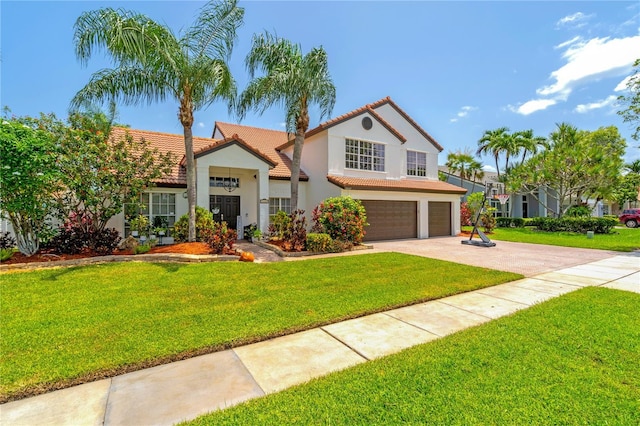 19367 NW 13th St, Pembroke Pines, FL 33029 - mediterranean / spanish-style home featuring an attached garage, stucco siding, concrete driveway, a tiled roof, and a front lawn