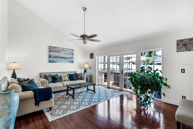 19367 NW 13th St, Pembroke Pines, FL 33029 - living room with wood finished floors, ceiling fan, baseboards, vaulted ceiling, and a textured ceiling