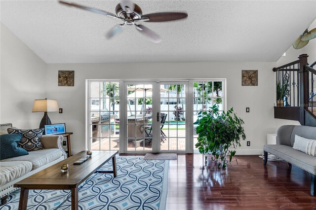 19367 NW 13th St, Pembroke Pines, FL 33029 - living area featuring a ceiling fan, stairway, wood finished floors, a textured ceiling, and baseboards