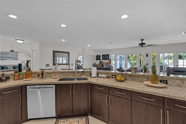 19367 NW 13th St, Pembroke Pines, FL 33029 - kitchen featuring dishwasher, open floor plan, a sink, a ceiling fan, and dark brown cabinets