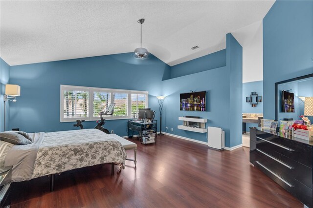 19367 NW 13th St, Pembroke Pines, FL 33029 - bedroom featuring wood finished floors, high vaulted ceiling, baseboards, and a textured ceiling