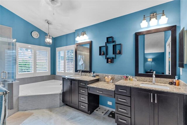 19367 NW 13th St, Pembroke Pines, FL 33029 - bathroom featuring lofted ceiling, vanity, a garden tub, a shower stall, and marble finish floors
