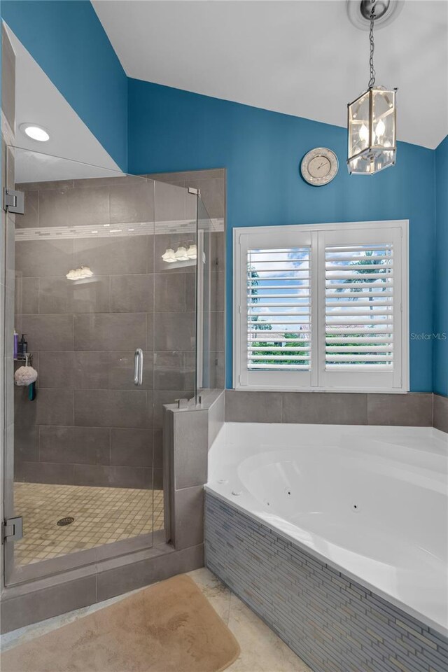 19367 NW 13th St, Pembroke Pines, FL 33029 - bathroom with a whirlpool tub, a stall shower, and a chandelier