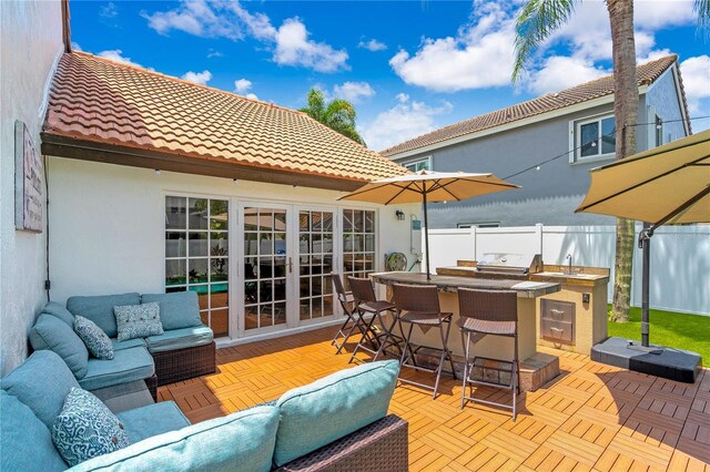 19367 NW 13th St, Pembroke Pines, FL 33029 - wooden terrace featuring an outdoor hangout area, area for grilling, and french doors