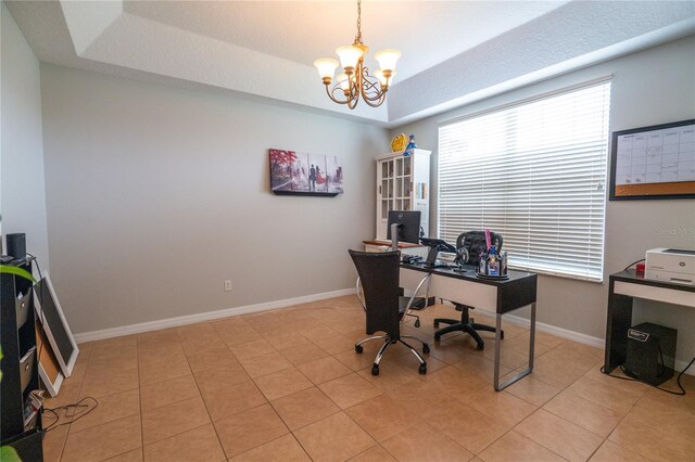 1780 Nature Cove Ln, Clermont, FL 34711 - office space featuring a chandelier, a raised ceiling, and light tile patterned floors