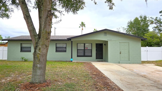 ranch-style house with concrete block siding