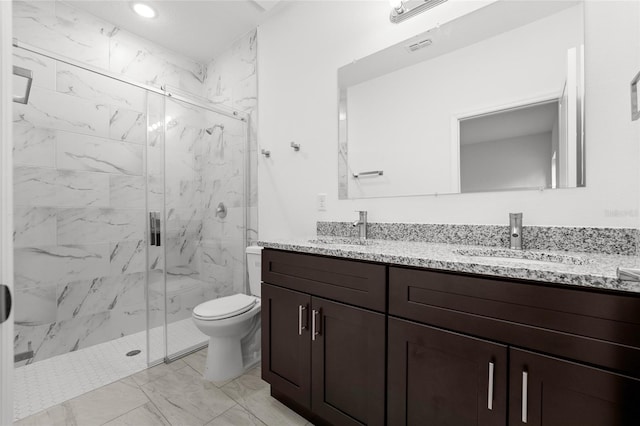 104 W Gondolier Pl, Citrus Springs, FL 34434 - bathroom featuring marble finish flooring, double vanity, a marble finish shower, and recessed lighting