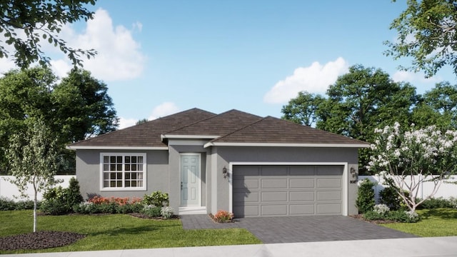 705 Farfields St, Deland, FL 32720 - ranch-style house with stucco siding, a garage, driveway, and roof with shingles