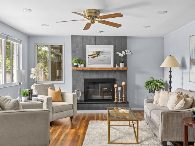 2244 Brookshire Ave, Winter Park, FL 32792 - living area with ceiling fan, wood finished floors, a fireplace, and recessed lighting