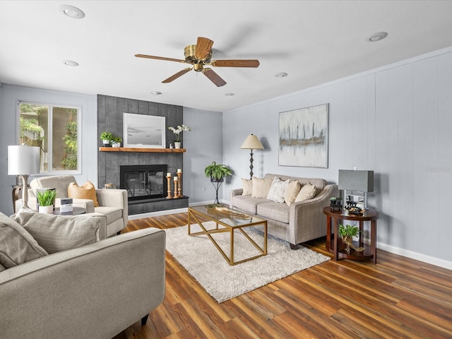 2244 Brookshire Ave, Winter Park, FL 32792 - living room featuring wood finished floors, ceiling fan, a fireplace, and recessed lighting